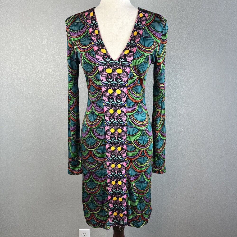 Custo Barcelona Long Sleeve Mini Dress Size 1 S Colorful Geometric Jersey V-Neck